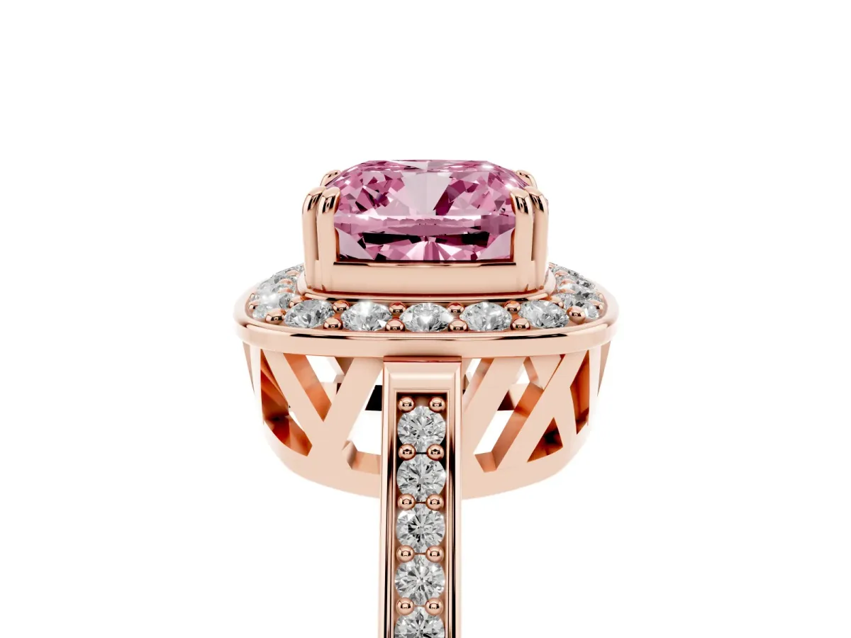 Fancy Pink Cushion Cut Diamond Halo Ring with Split Shank and Four-Prong Setting Rose gold