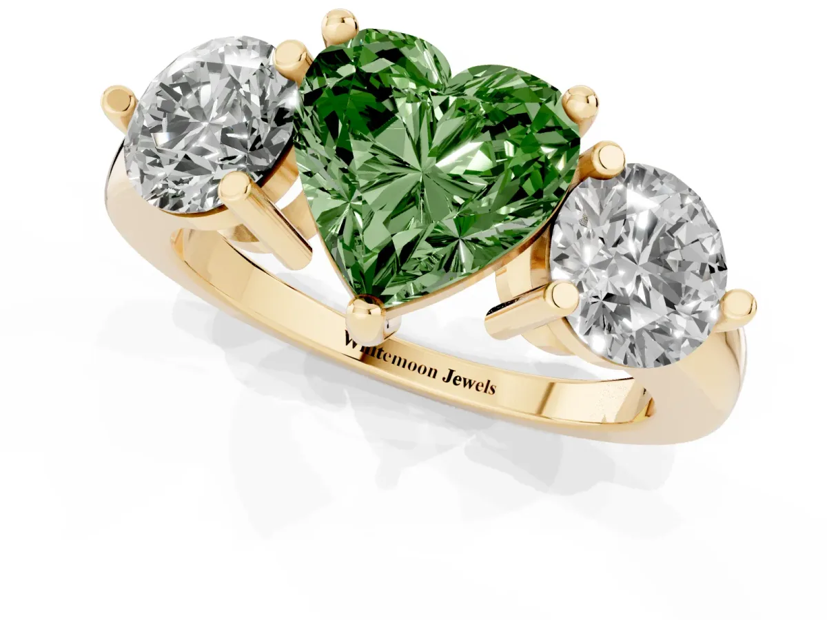 Fancy Green Three-Stone Heart Cut Brilliant Cut Solitaire Ring with Prong Setting on a Classic Band Yellow gold