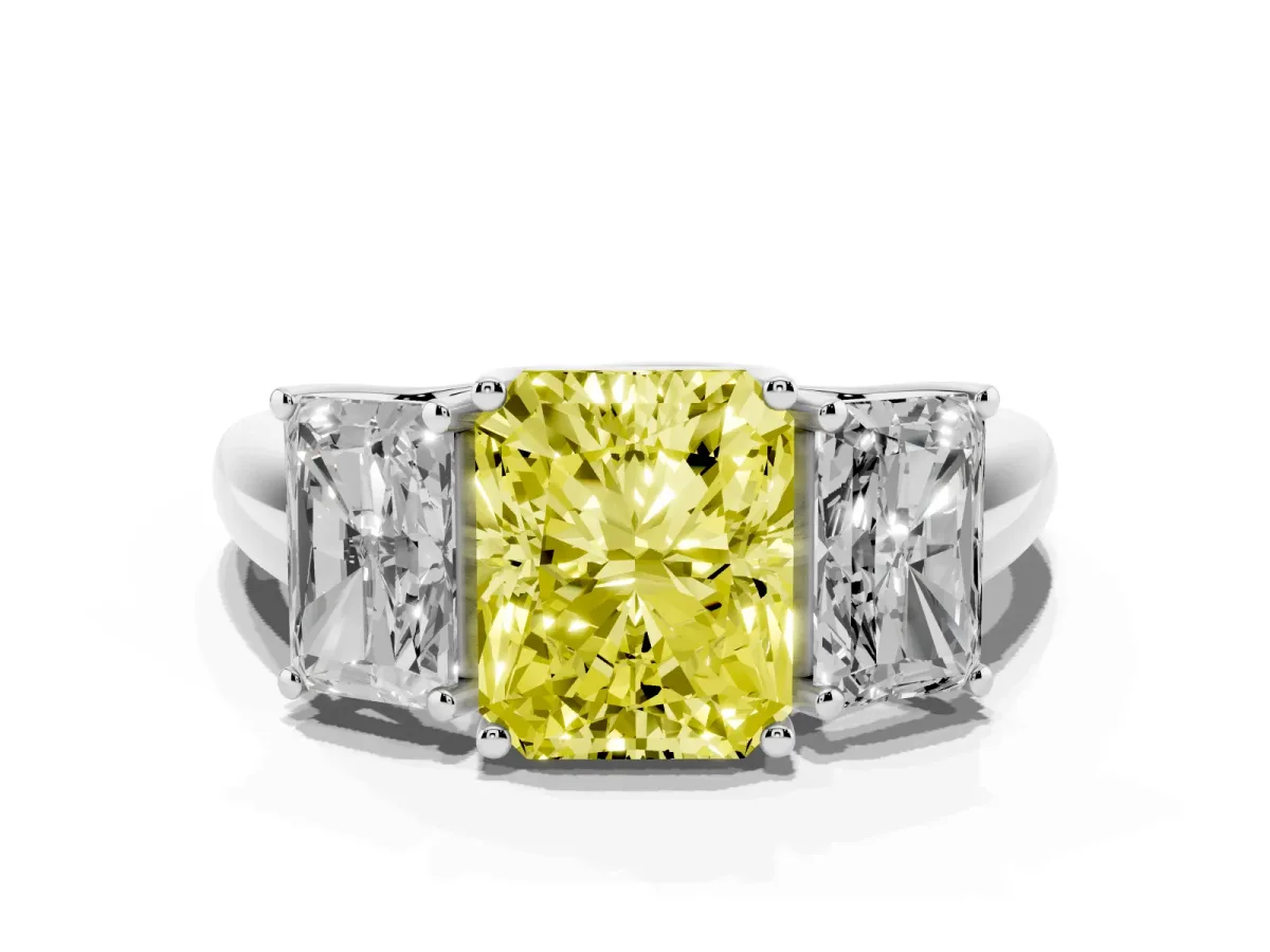 Fancy Yellow Three-Stone Radiant Cut Diamond Engagement Ring with Prong Setting Platinum