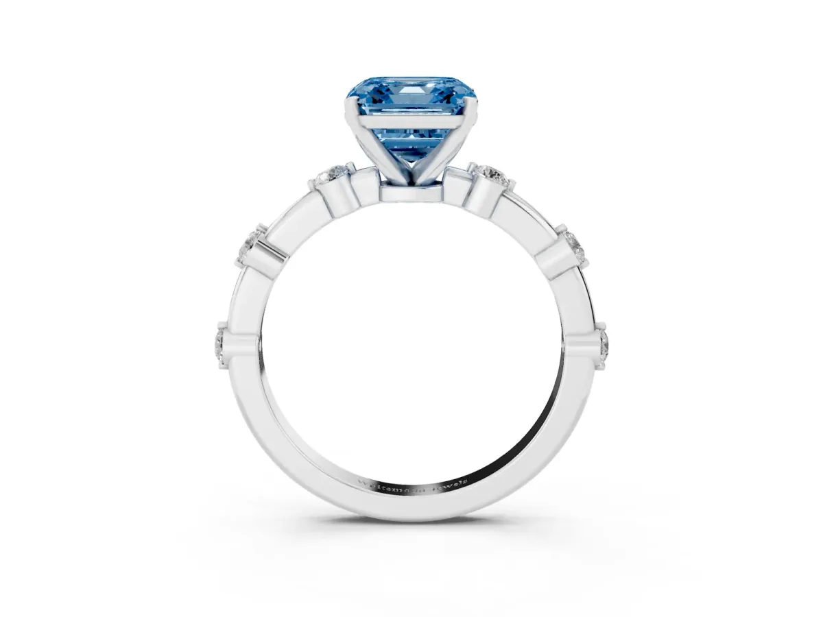 Fancy Blue Asscher Cut Solitaire Diamond Ring with Bezel Set Side Stones and Prong Setting Platinum