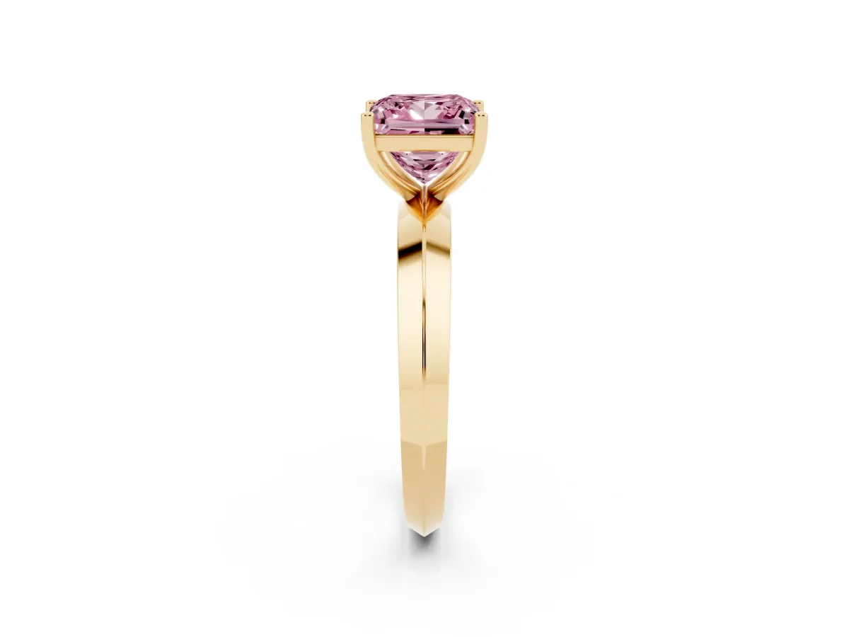 Fancy Pink Princess Cut Cut Solitaire Engagement Ring with Flat Band and Four-Prong Setting Yellow gold