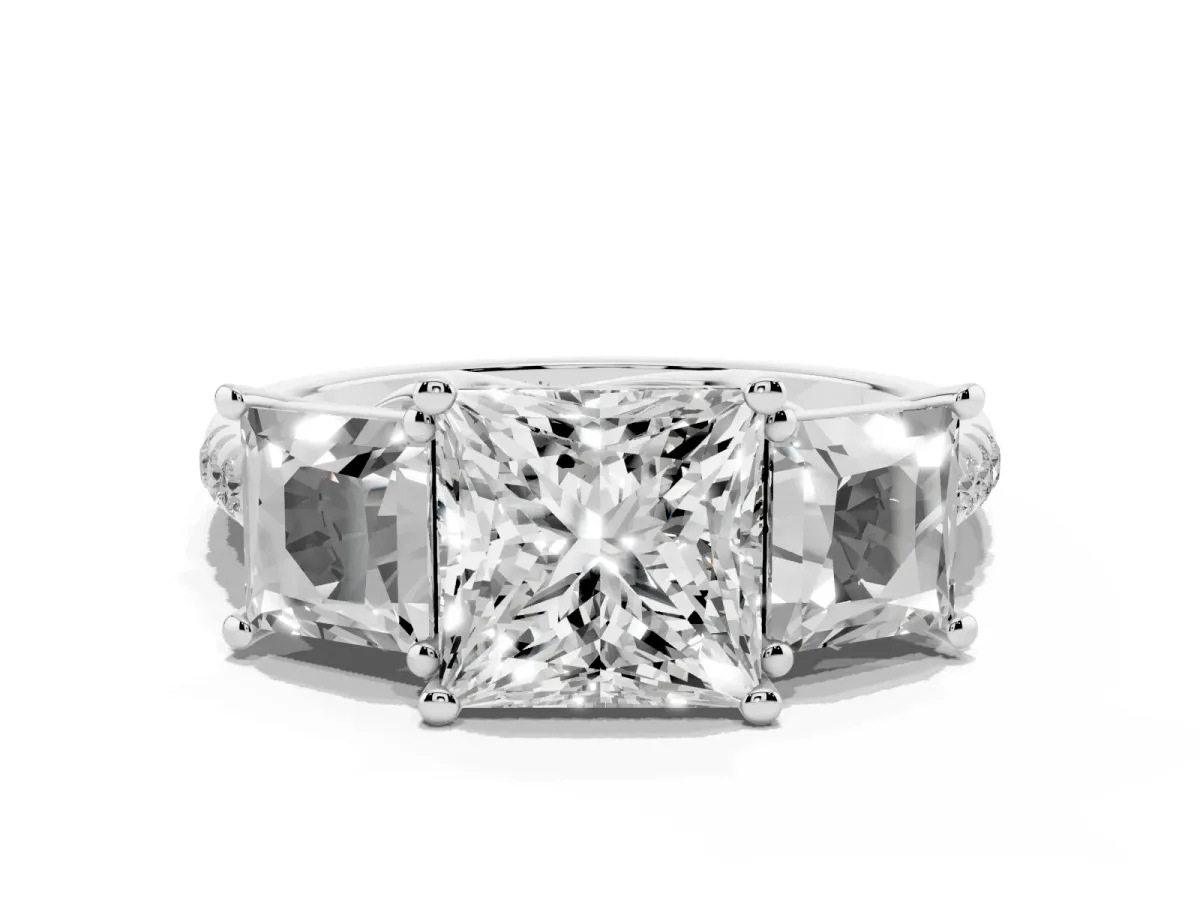 Three-Stone Princess Cut Diamond Ring with Round Pavé Band and Prong Setting Silver