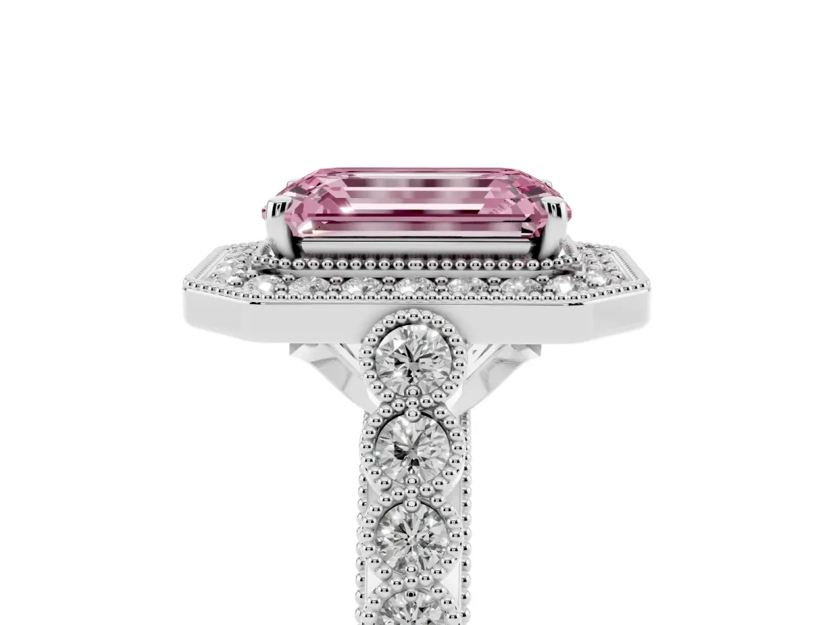 Fancy Pink Emerald Cut Halo Milgrain Solitaire with Bezel Set Side Stones and Pave Band White gold
