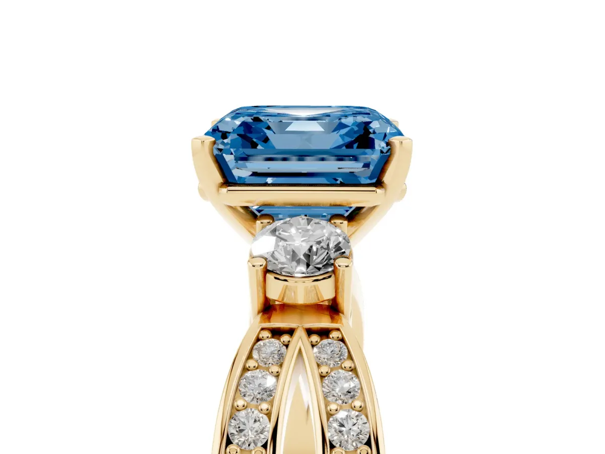 Fancy Blue Three-Stone Asscher Cut Cut Diamond Twist Band with Prong Setting Yellow gold