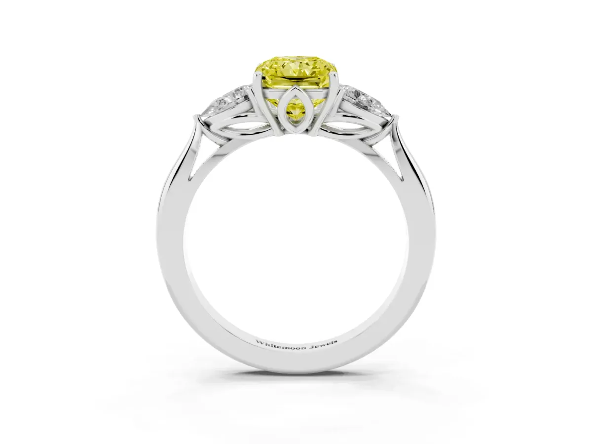 Fancy Yellow Radiant Cut Diamond Three-Stone Ring with Pear Side Stones and Prong Setting Silver