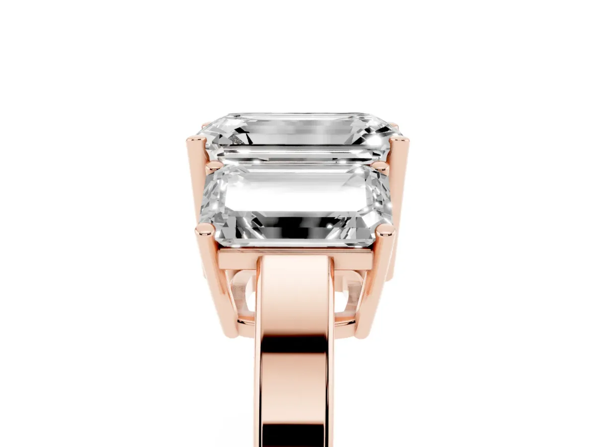 Three-Stone Emerald Cut Cut Diamond Engagement Ring with Flat Band and Four-Prong Setting Rose gold