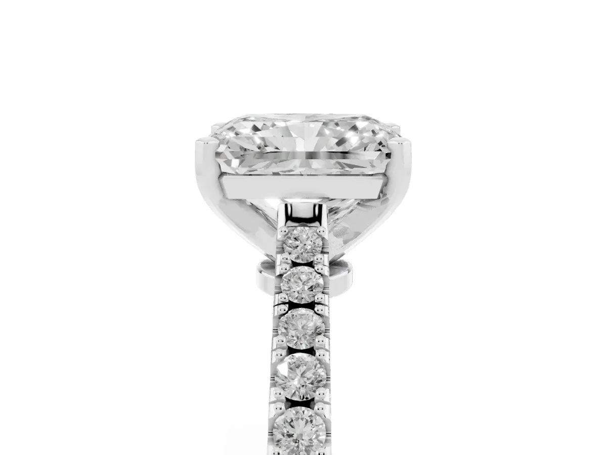 Radiant Cut Cut Solitaire Diamond Engagement Ring with Pave Band and Four-Prong Setting Platinum
