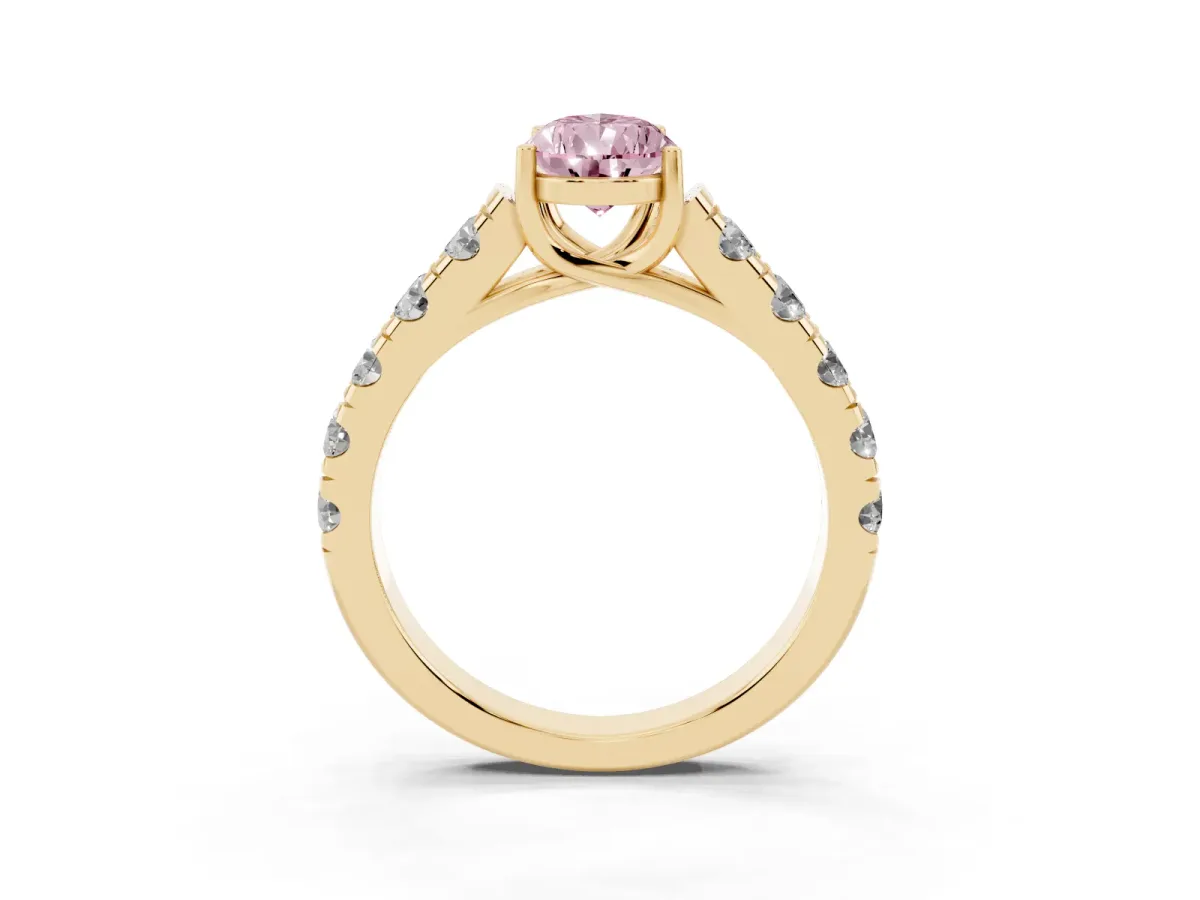 Fancy Pink Pear Cut Cut Diamond Solitaire Ring with Micro Pave Band and Prong Setting Yellow gold