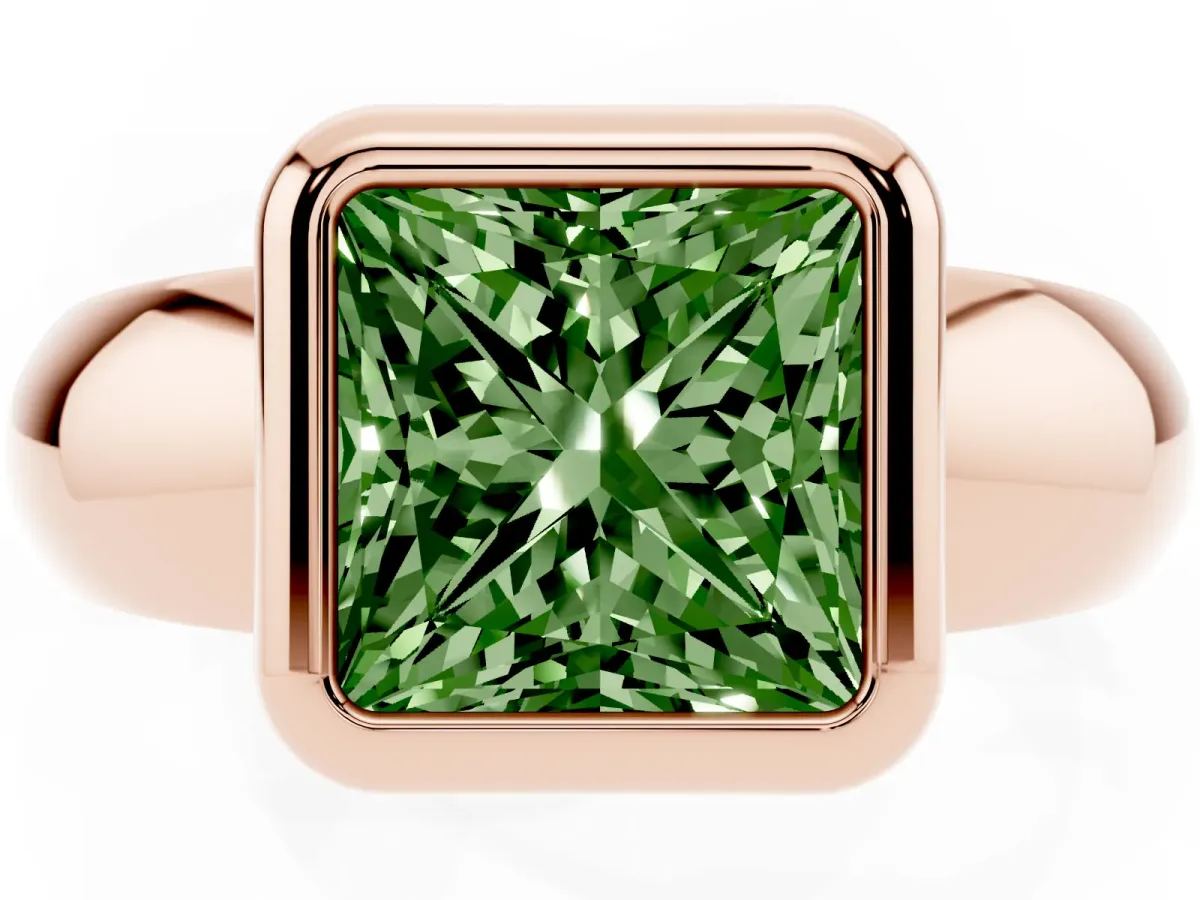 Fancy Green Bezel Set Princess Cut Solitaire Ring with Wide Band Rose gold