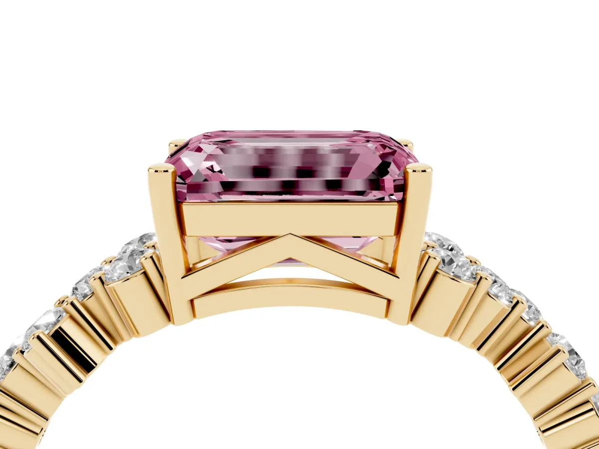 Fancy Pink Emerald Cut Diamond Scattered Round Accent Ring with Prong Setting Yellow gold
