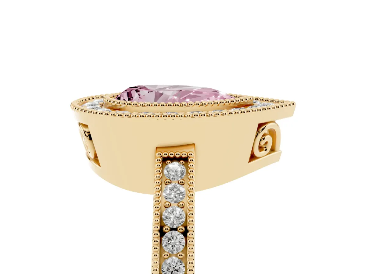 Fancy Pink Pear Cut Cut Halo Diamond Ring with Pavé Band and Milgrain Prong Setting Yellow gold