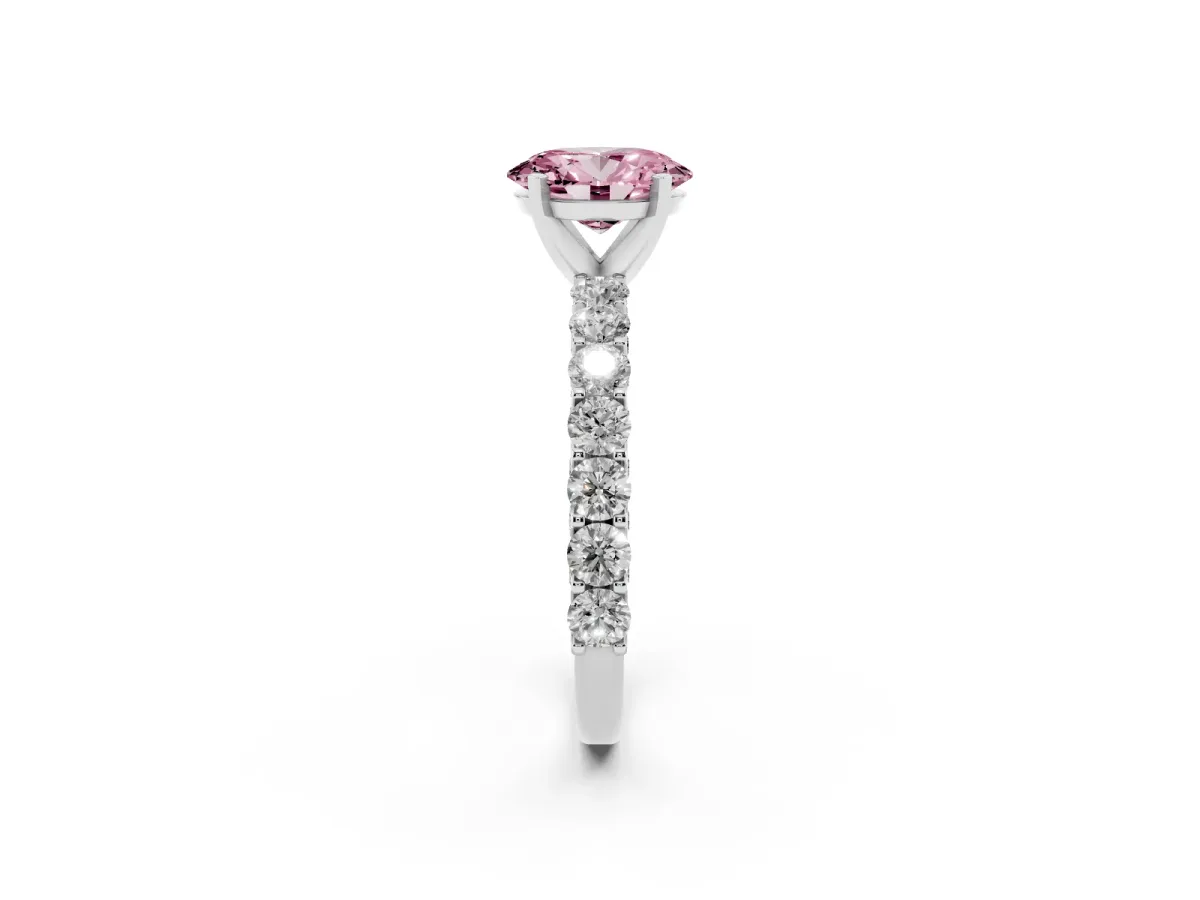 Fancy Pink Oval Cut Diamond Solitaire Ring with Shared Prong Pavé Band and Four-Prong Setting Silver