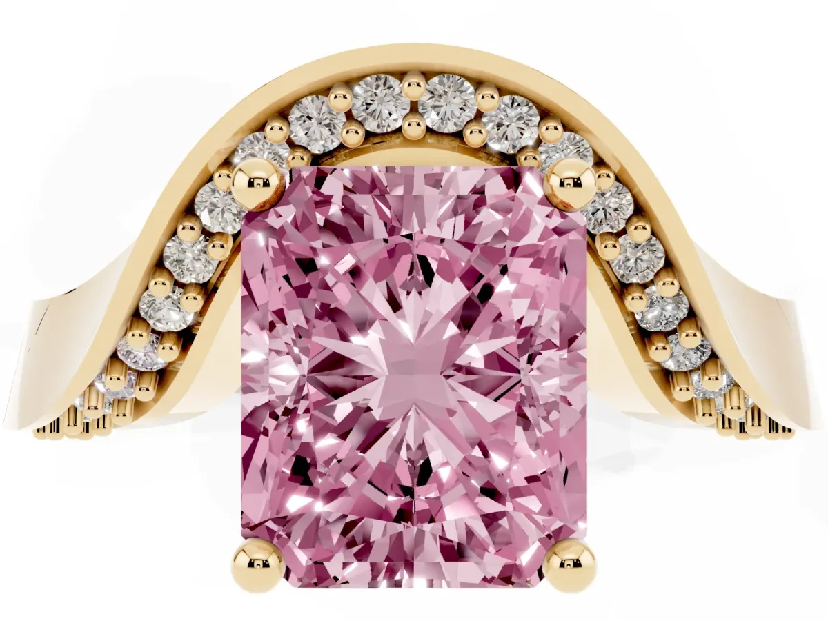 Fancy Pink Radiant Cut Solitaire Diamond Engagement Ring with Pave Band and Four-Prong Setting Yellow gold