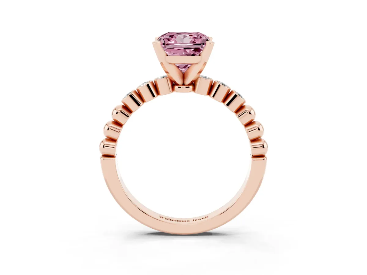 Fancy Pink Princess Cut Solitaire Bezel Accent Diamond Engagement Ring with Beaded Band and Four-Prong Setting Rose gold