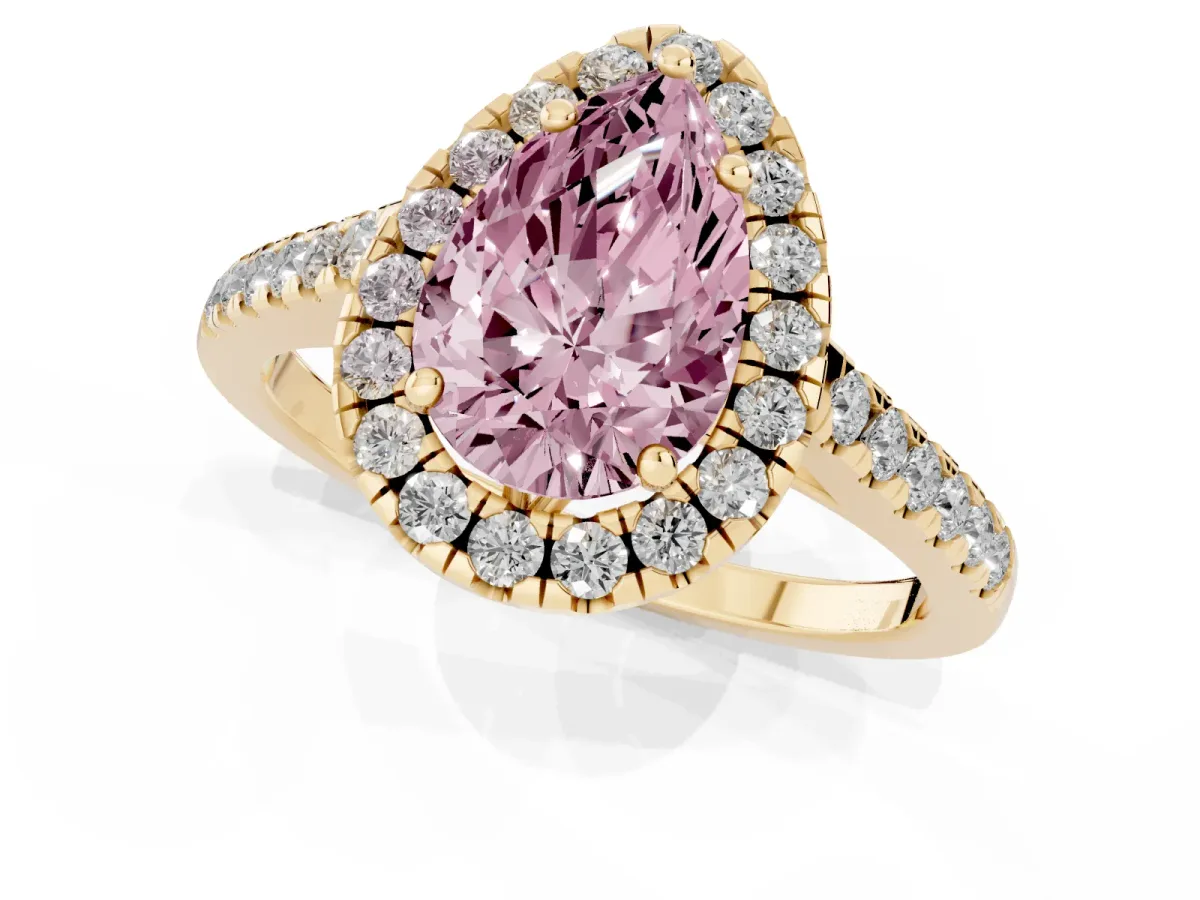Fancy Pink Pear Cut Halo Pavé Diamond Engagement Ring with Four-Prong Setting Yellow gold