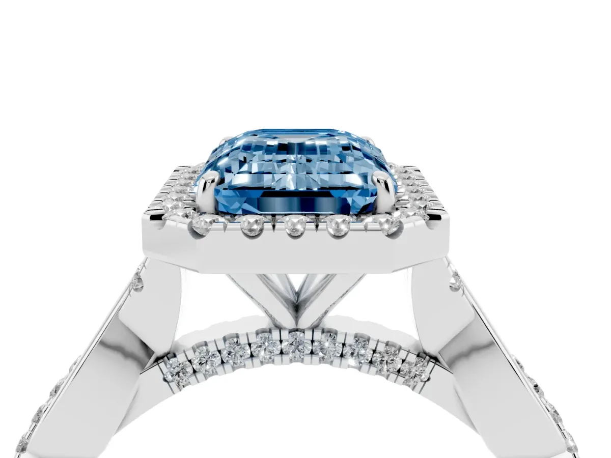 Fancy Blue Emerald Cut Halo Twist Band Solitaire Ring Silver