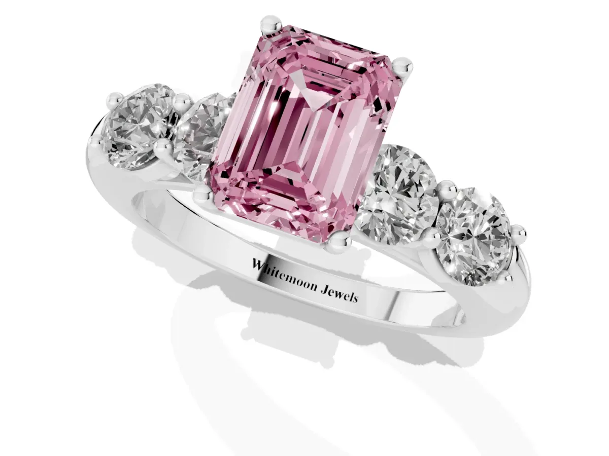 Fancy Pink Emerald Cut Cut Five-Stone Prong Set Diamond Ring with Classic Band Silver