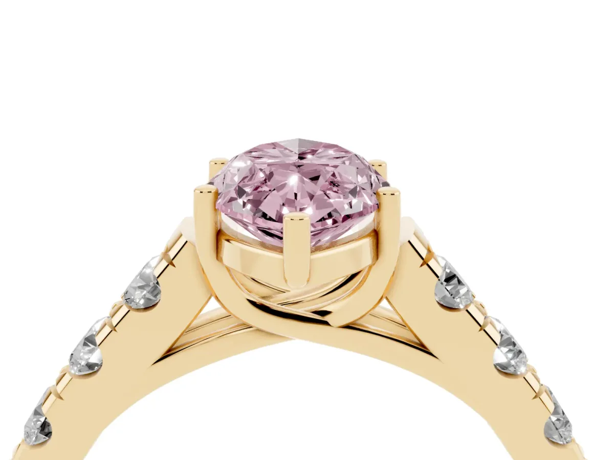 Fancy Pink Marquise Cut Cut Diamond Solitaire Ring with Micro Pave Band and Prong Setting Yellow gold