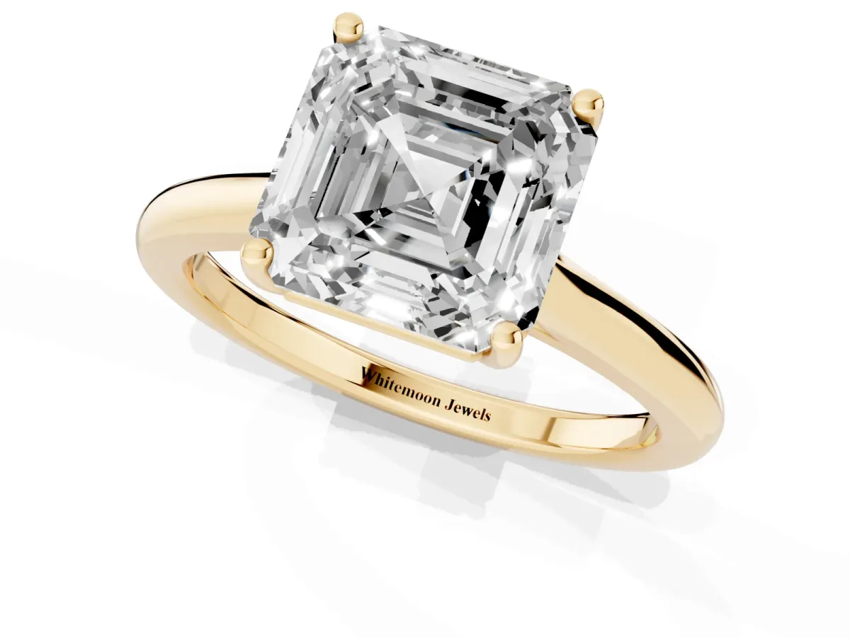 Asscher Cut Cut Solitaire Ring with Cathedral Band and Four-Prong Setting Yellow gold