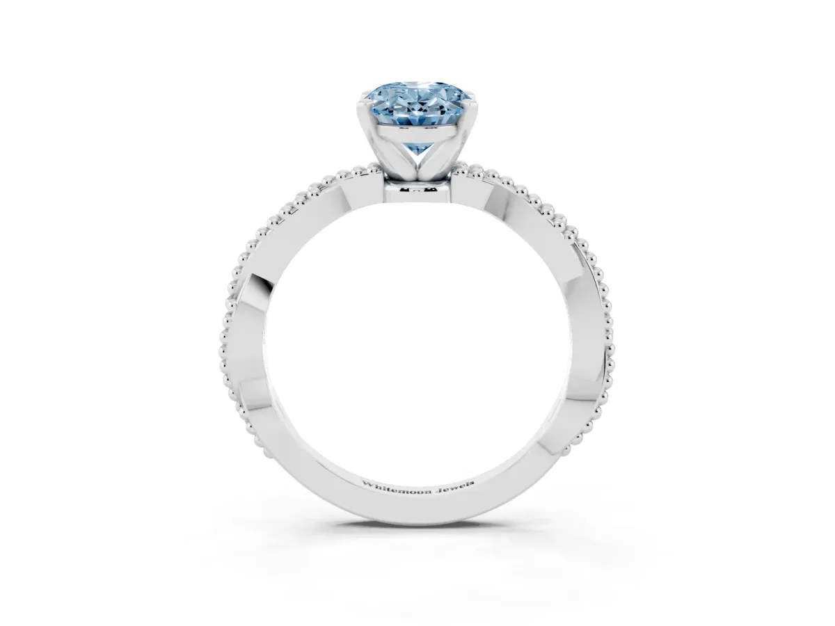 Fancy Blue Oval Cut Solitaire Twisted Band with Bead Prong Setting White gold