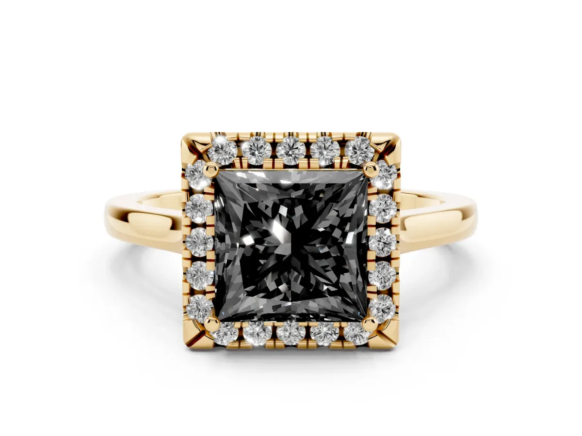 Fancy Black Princess Cut Halo Round Diamond Solitaire Ring with Pavé Band and Four-Prong Setting Yellow gold
