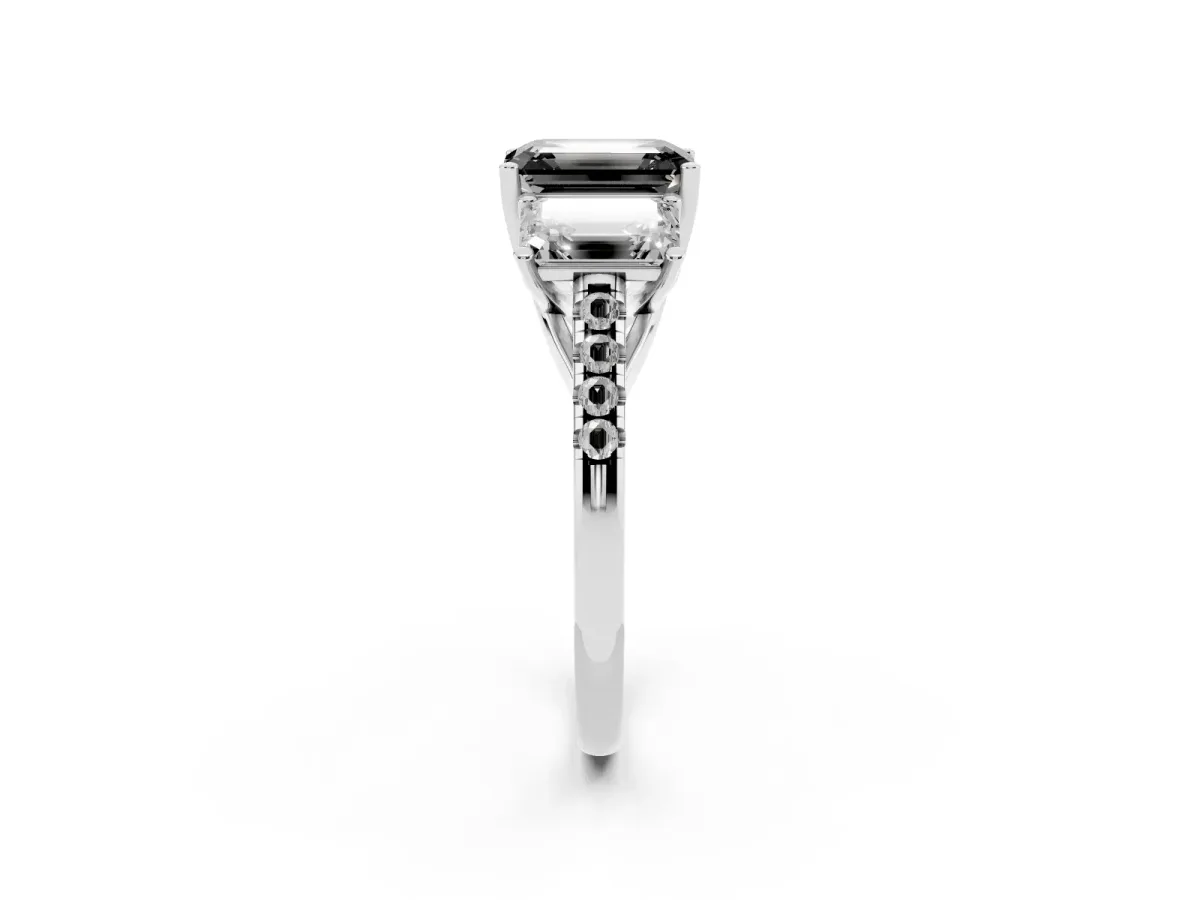 Fancy Black Three-Stone Emerald Cut Diamond Ring with Round Pavé Band and Prong Setting Silver