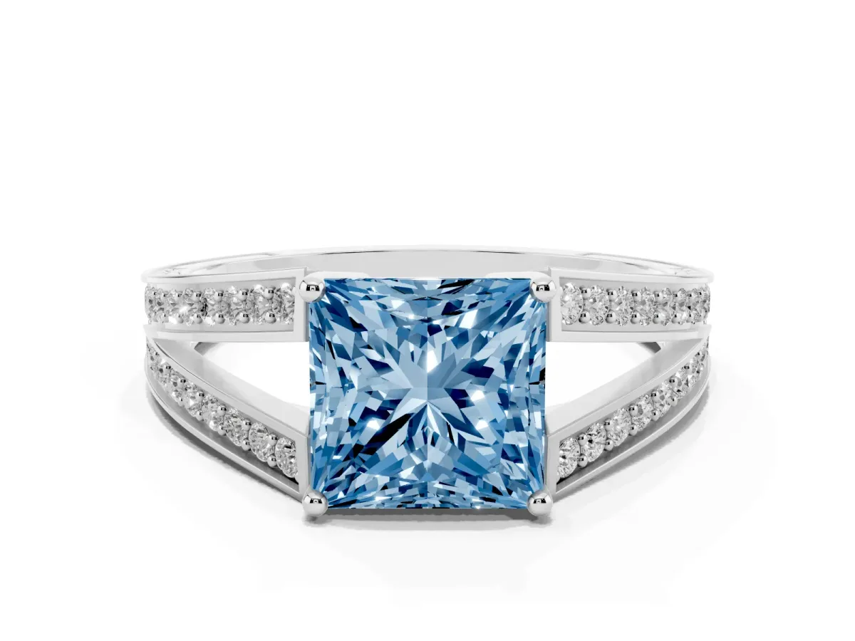 Fancy Blue Princess Cut Diamond Split Shank Ring with Pavé Band and Four-Prong Setting Platinum