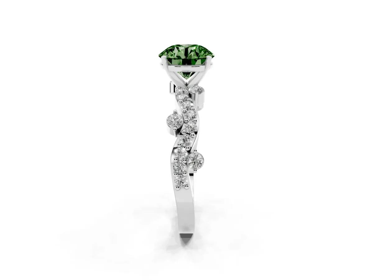 Fancy Green Round Cut Cut Solitaire Diamond Twisted Band with Pave Setting Silver