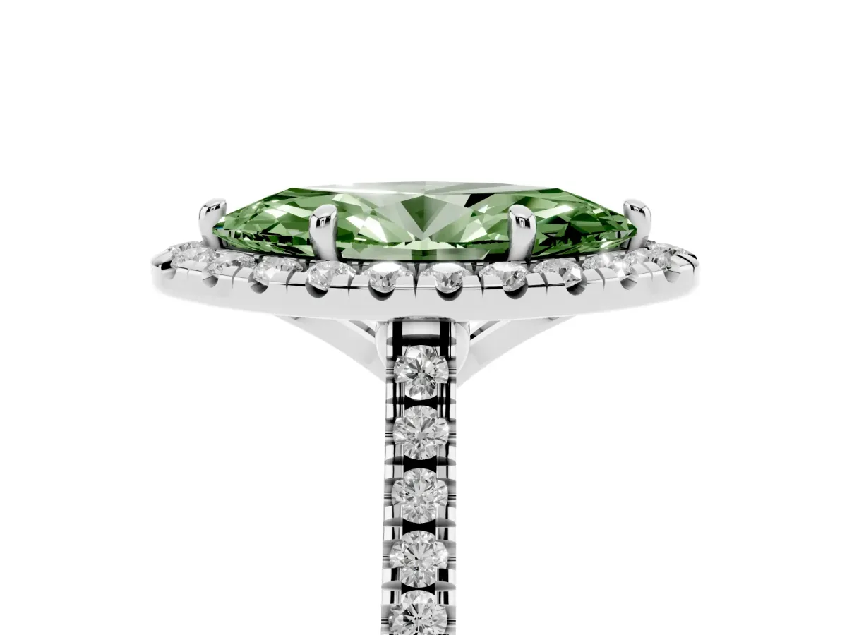 Fancy Green Marquise Cut Diamond Cushion Halo Ring with Pavé Band White gold