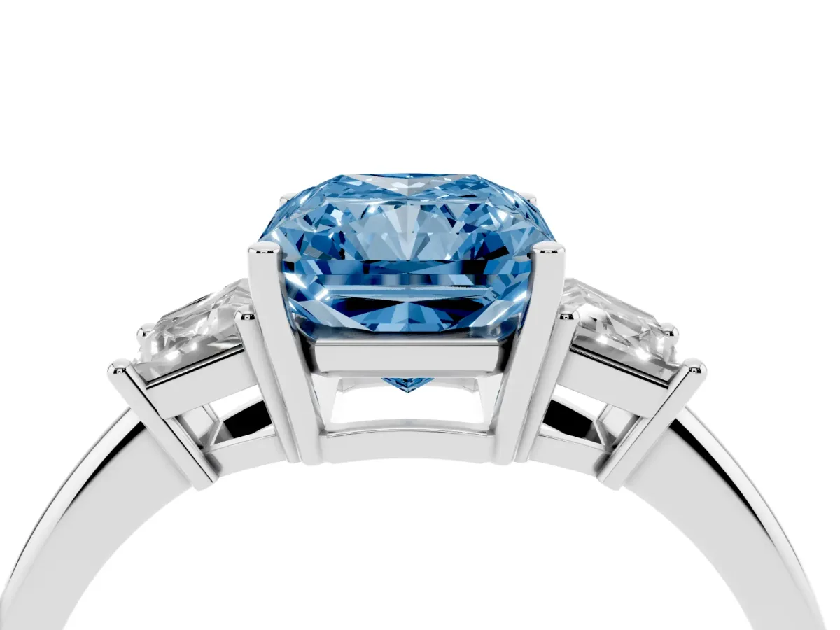 Fancy Blue Radiant Cut Diamond Three-Stone Ring with Trapezoid Side Stones and Prong Setting Silver
