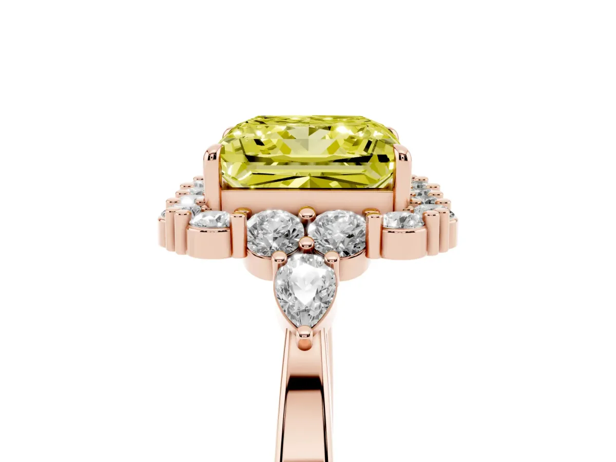 Fancy Yellow Princess Cut Diamond Halo Ring with Pear Side Stones and Prong Setting Rose gold