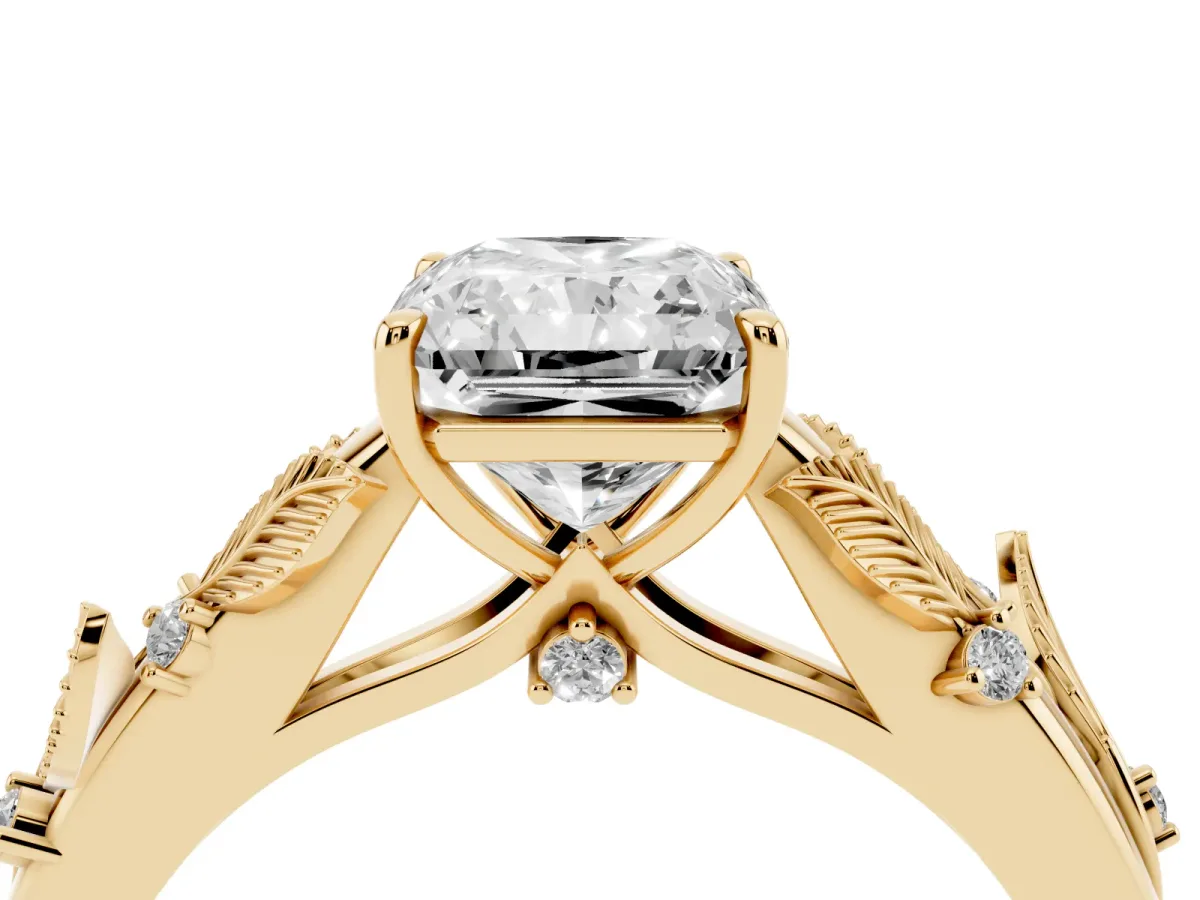 Radiant Cut Diamond Solitaire Ring with Leaf Motif Band and Four-Prong Setting Yellow gold
