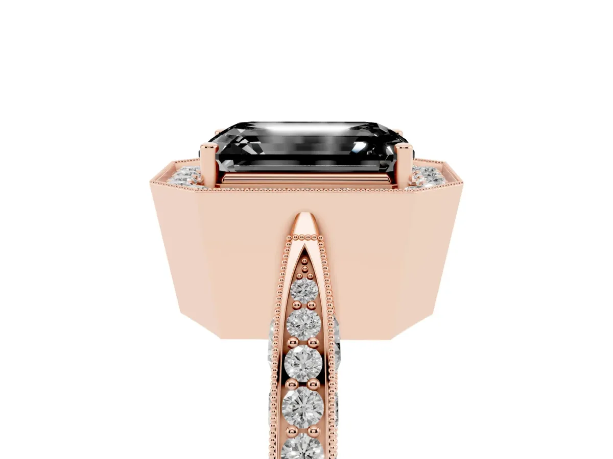 Fancy Black Emerald Cut Halo Diamond Engagement Ring with Split Shank Band and Four-Prong Setting Rose gold