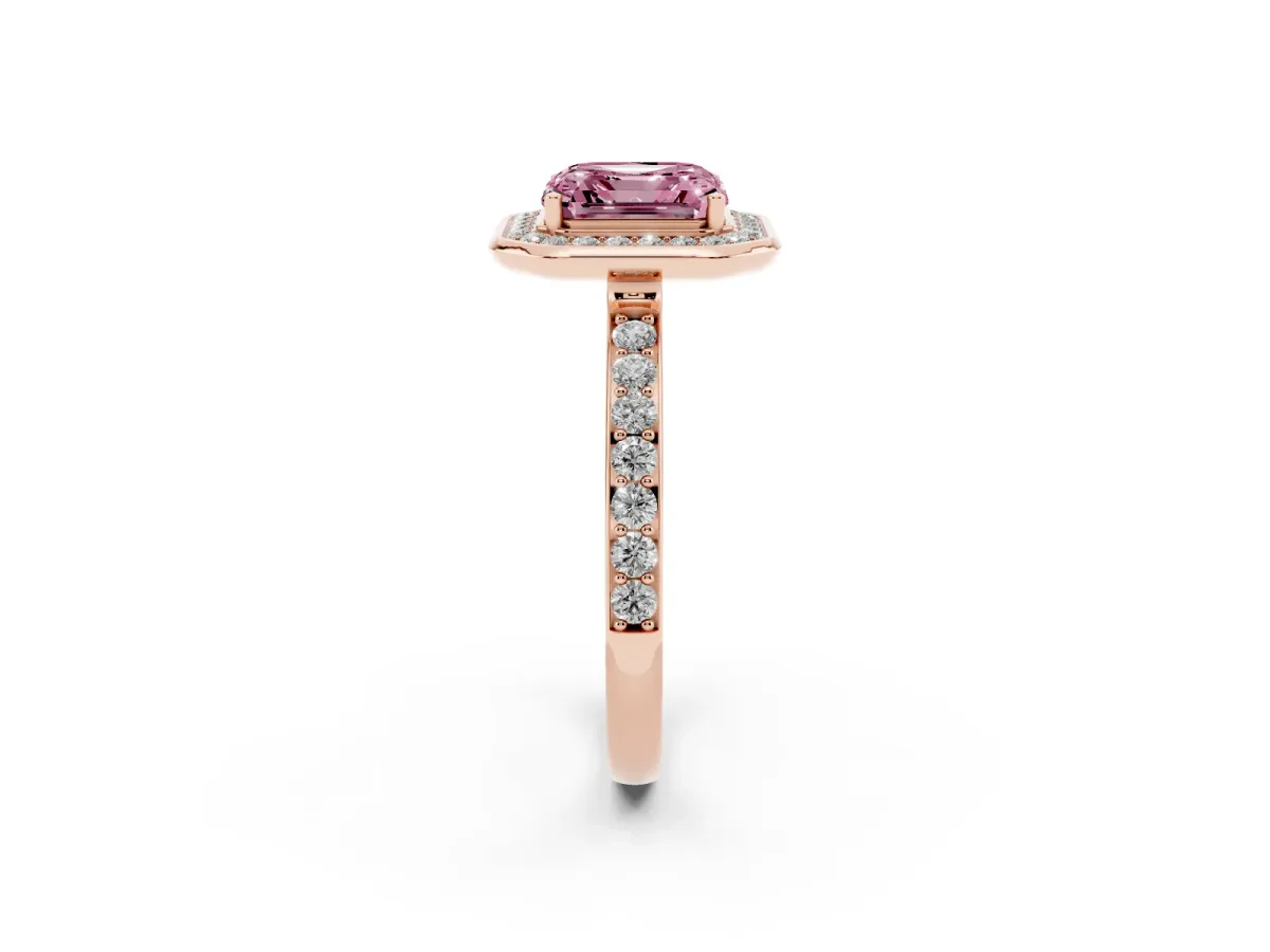 Fancy Pink Asscher Cut Diamond Halo Ring with Bezel Frame and Pavé Band Rose gold