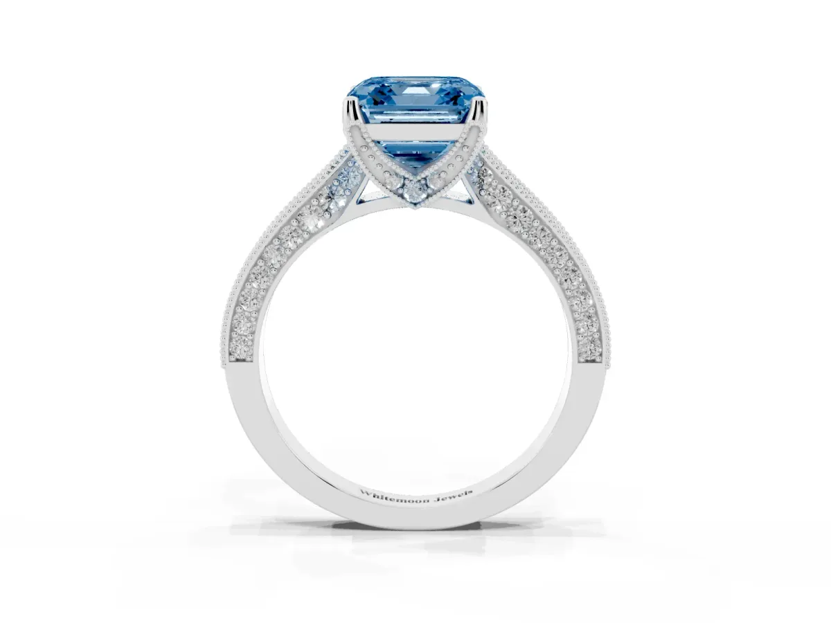 Fancy Blue Asscher Cut Cut Diamond Solitaire Ring with Milgrain Pave Band and Four Prong Setting Silver