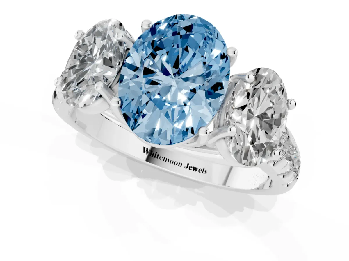 Fancy Blue Three-Stone Oval Cut Diamond Pavé Band with Prong Setting Platinum