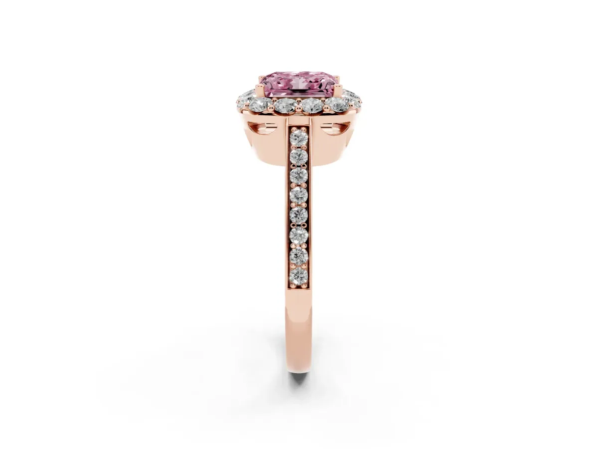 Fancy Pink Princess Cut Diamond Floral Halo Ring with Pavé Band and Prong Setting Rose gold