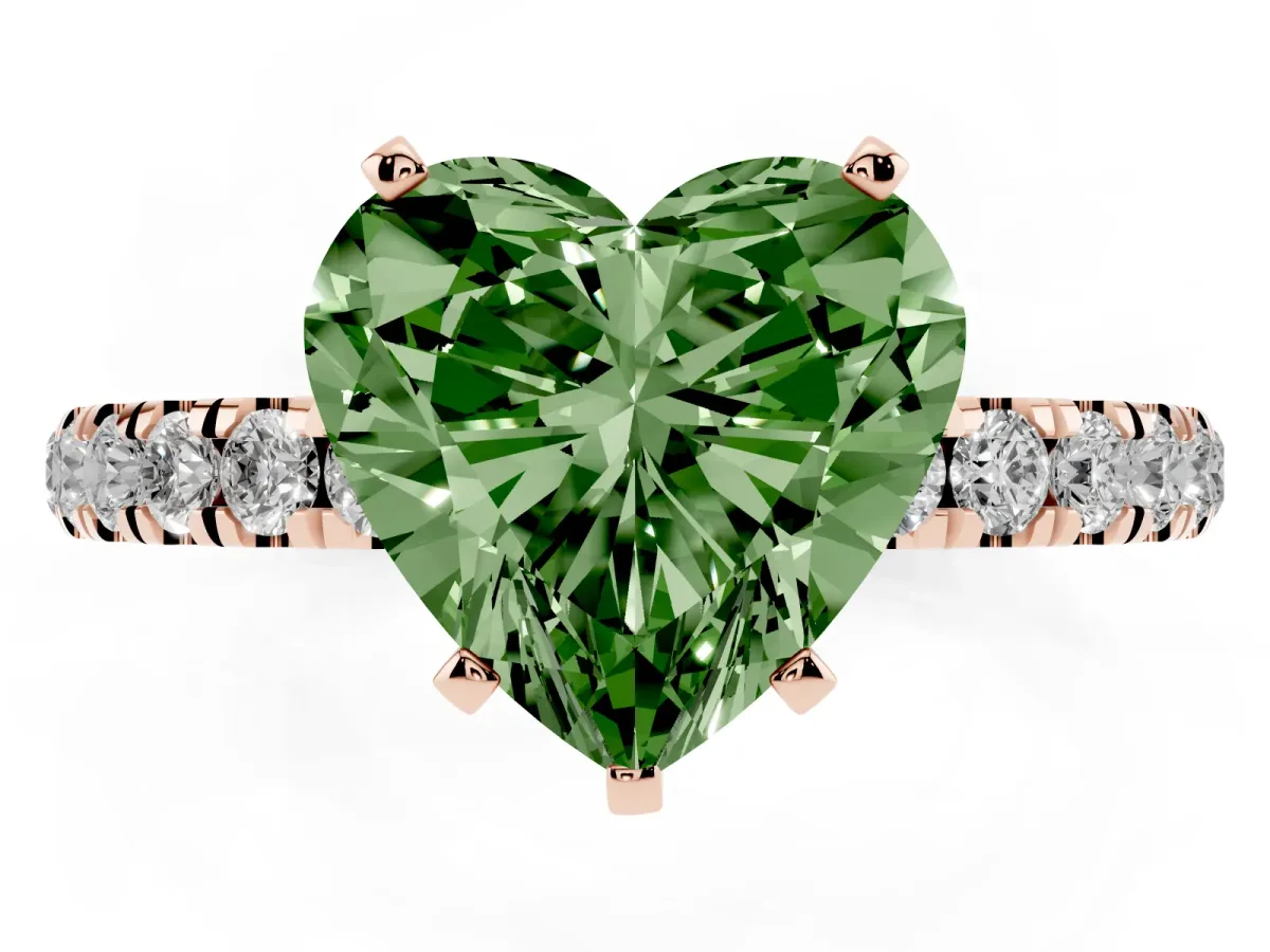 Fancy Green Heart Cut Diamond Solitaire Ring with Pavé Accents and Four-Prong Setting Rose gold