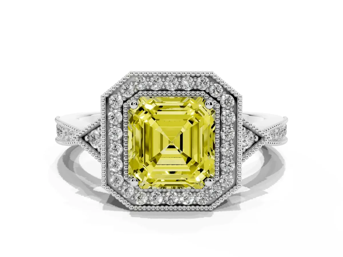 Fancy Yellow Asscher Cut Halo Round Diamond Milgrain Pave Engagement Ring White gold