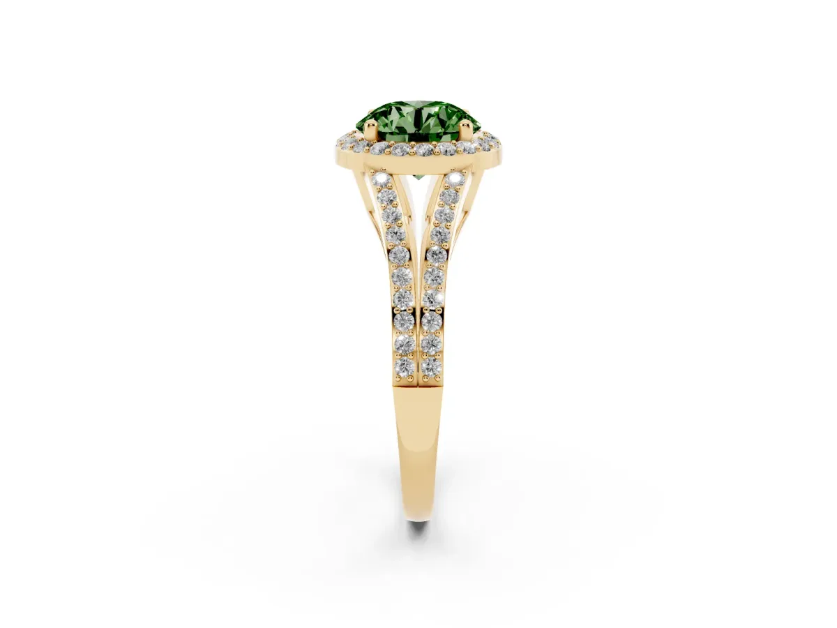 Fancy Green Round Cut Halo Split Shank Pave Diamond Ring with Four-Prong Setting Yellow gold