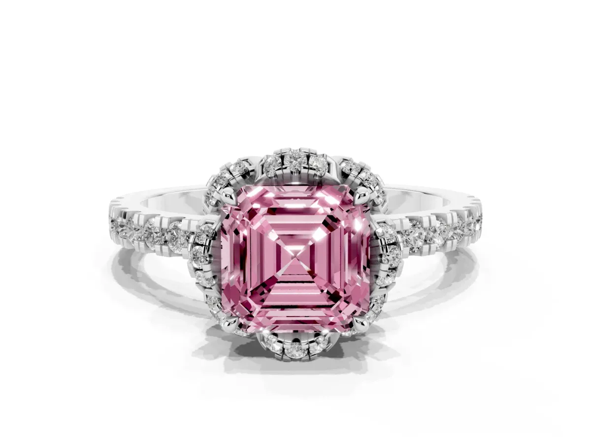 Fancy Pink Asscher Cut Diamond Halo Pave Band with Four-Prong Setting White gold