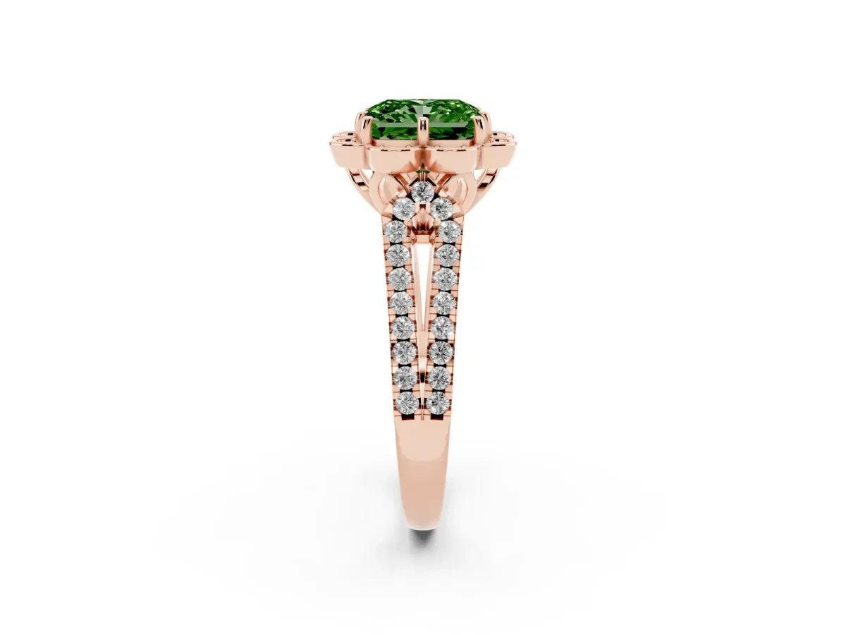 Fancy Green Radiant Cut Halo Diamond Floral Split Shank Engagement Ring Rose gold