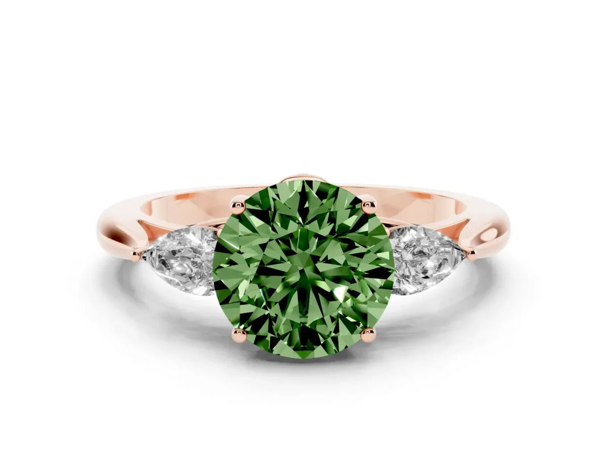 Fancy Green Round Cut Diamond Three-Stone Ring with Pear Side Stones and Prong Setting Rose gold