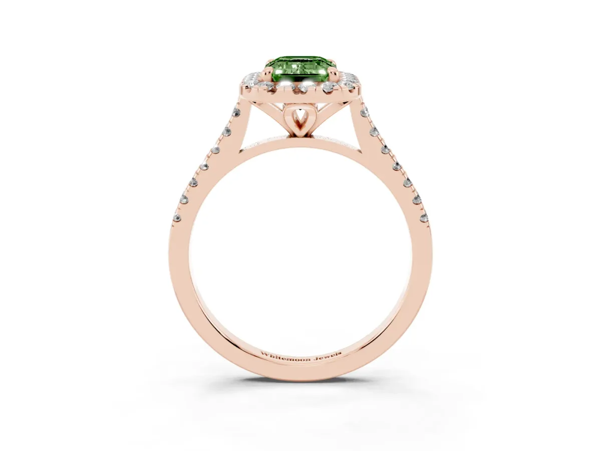 Fancy Green Emerald Cut Diamond Cushion Halo Ring with Pavé Band Rose gold