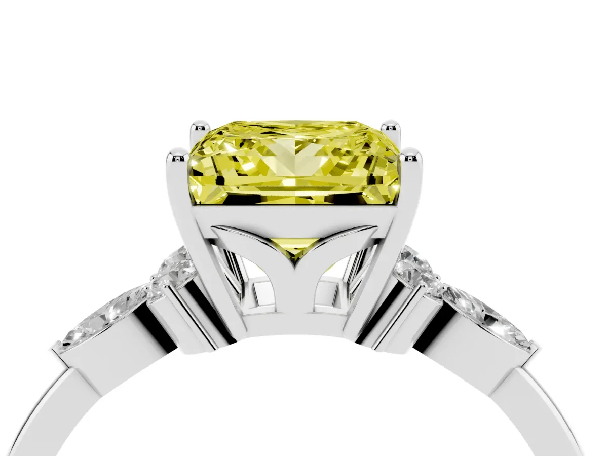 Fancy Yellow Princess Cut Brilliant Diamond Solitaire Ring with Pear Side Stones and Four-Prong Setting Silver