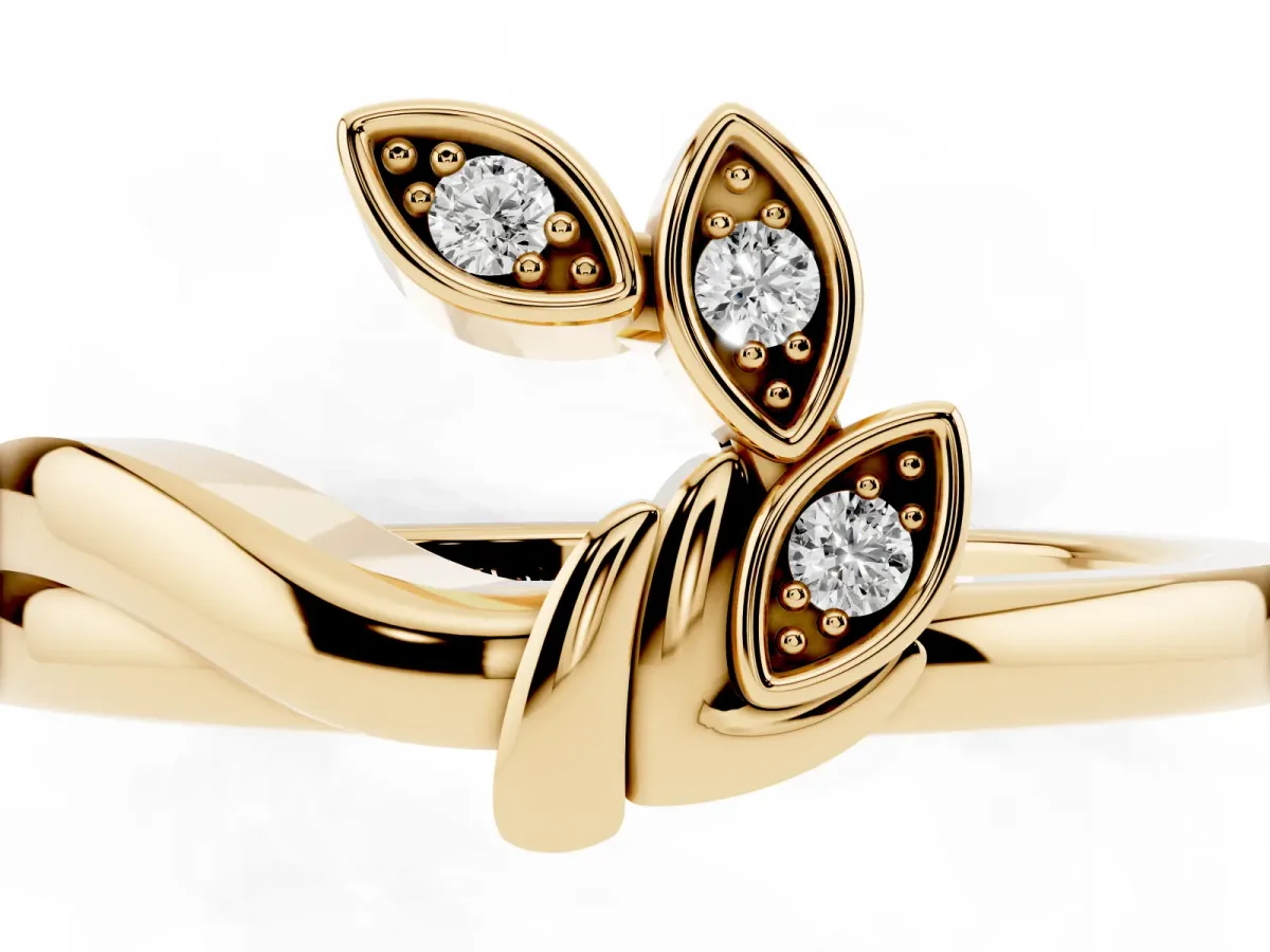 Three-Stone Round Diamond Leaf Bypass Ring with Bezel Setting Yellow gold