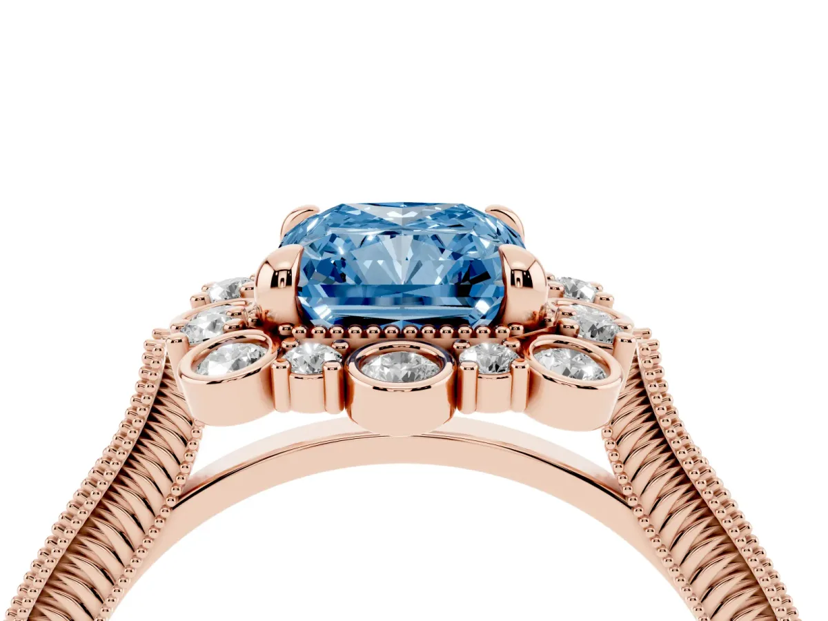Fancy Blue Radiant Cut Halo Milgrain Pave Diamond Ring with Four-Prong Setting Rose gold
