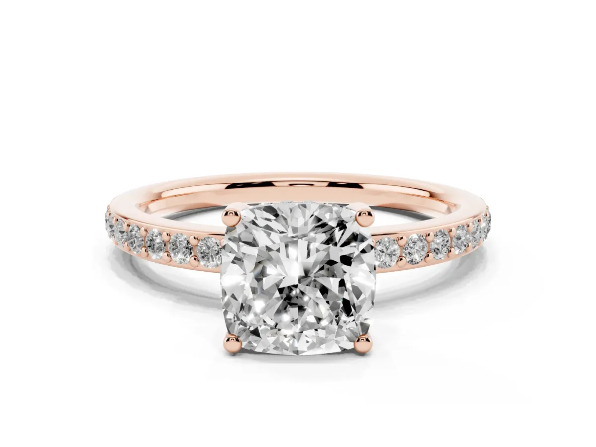 Cushion Cut Cut Diamond Pavé Band Ring with Four-Prong Setting Rose gold