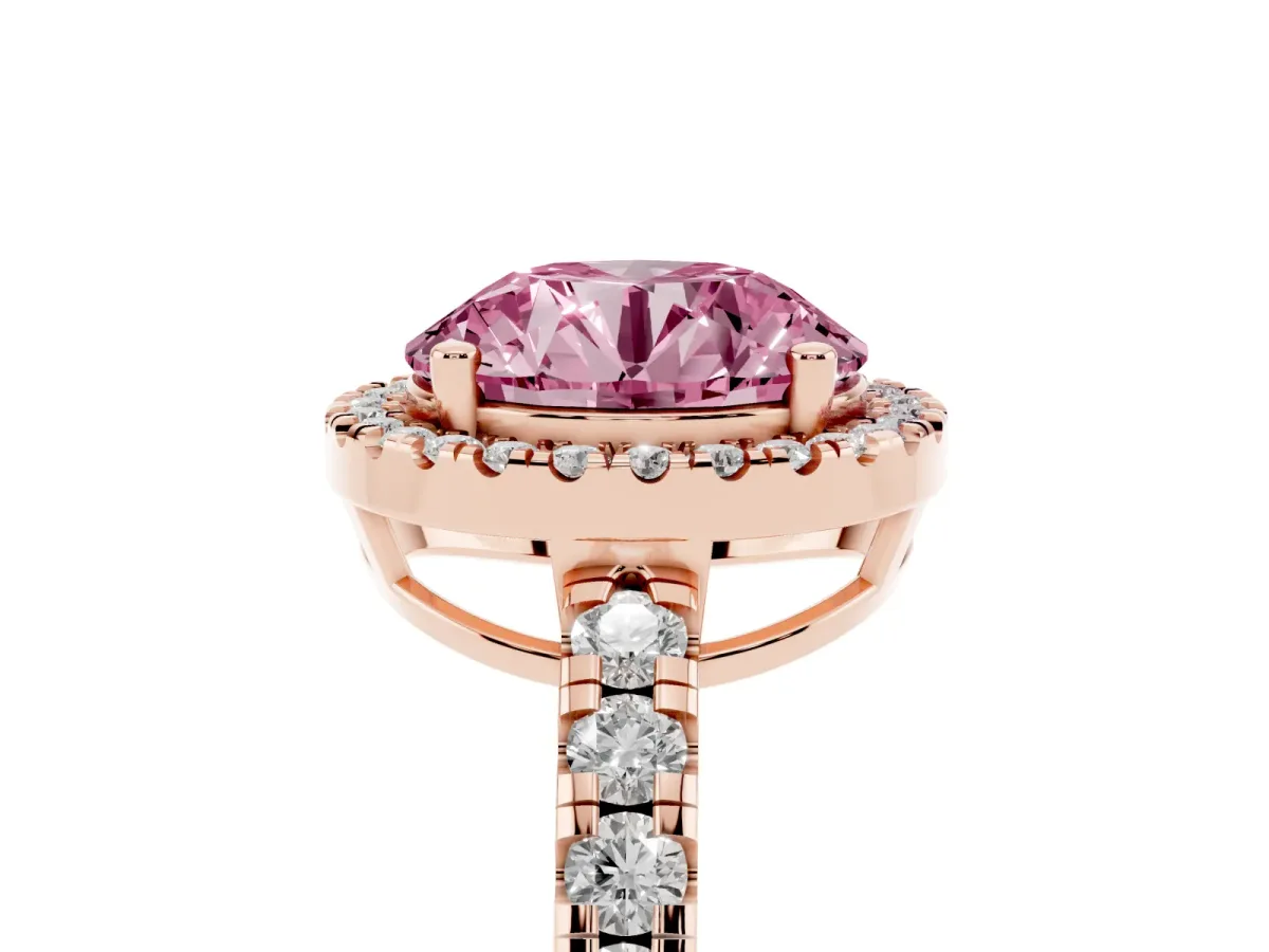 Fancy Pink Round Cut Diamond Halo Ring with Pavé Band and Four-Prong Setting Rose gold