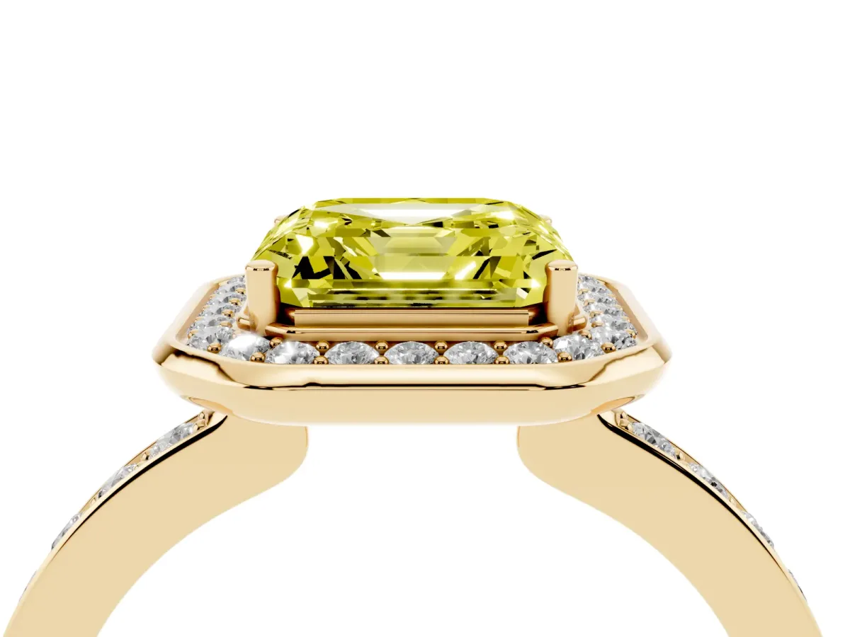 Fancy Yellow Asscher Cut Diamond Halo Ring with Bezel Frame and Pavé Band Yellow gold